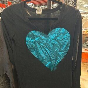 Victoria's Secret PINK Black Teal Metallic Heart Long Sleeve Shirt XS